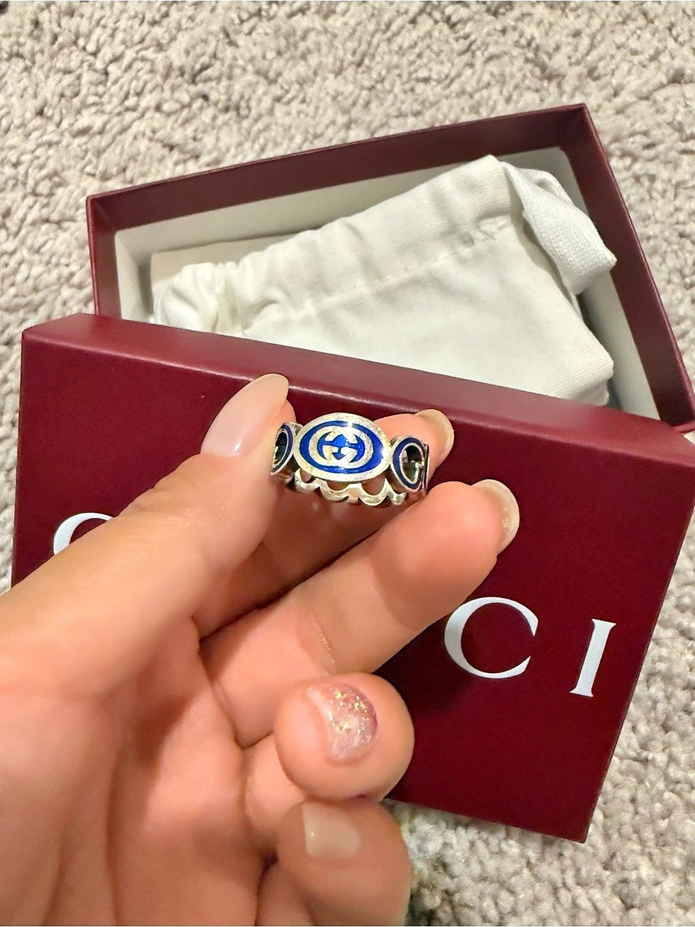 Gucci Interlocking G ring Enamel in Silver & Blue